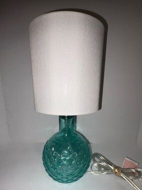 Teal Patterned Glass Table Lamp with White Shade 14” with shade